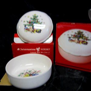 80'S NIKKO CHRISTMASTIME COVERED BON-BON DISH WITH LID CHRISTMAS TREE MOTIF $ea